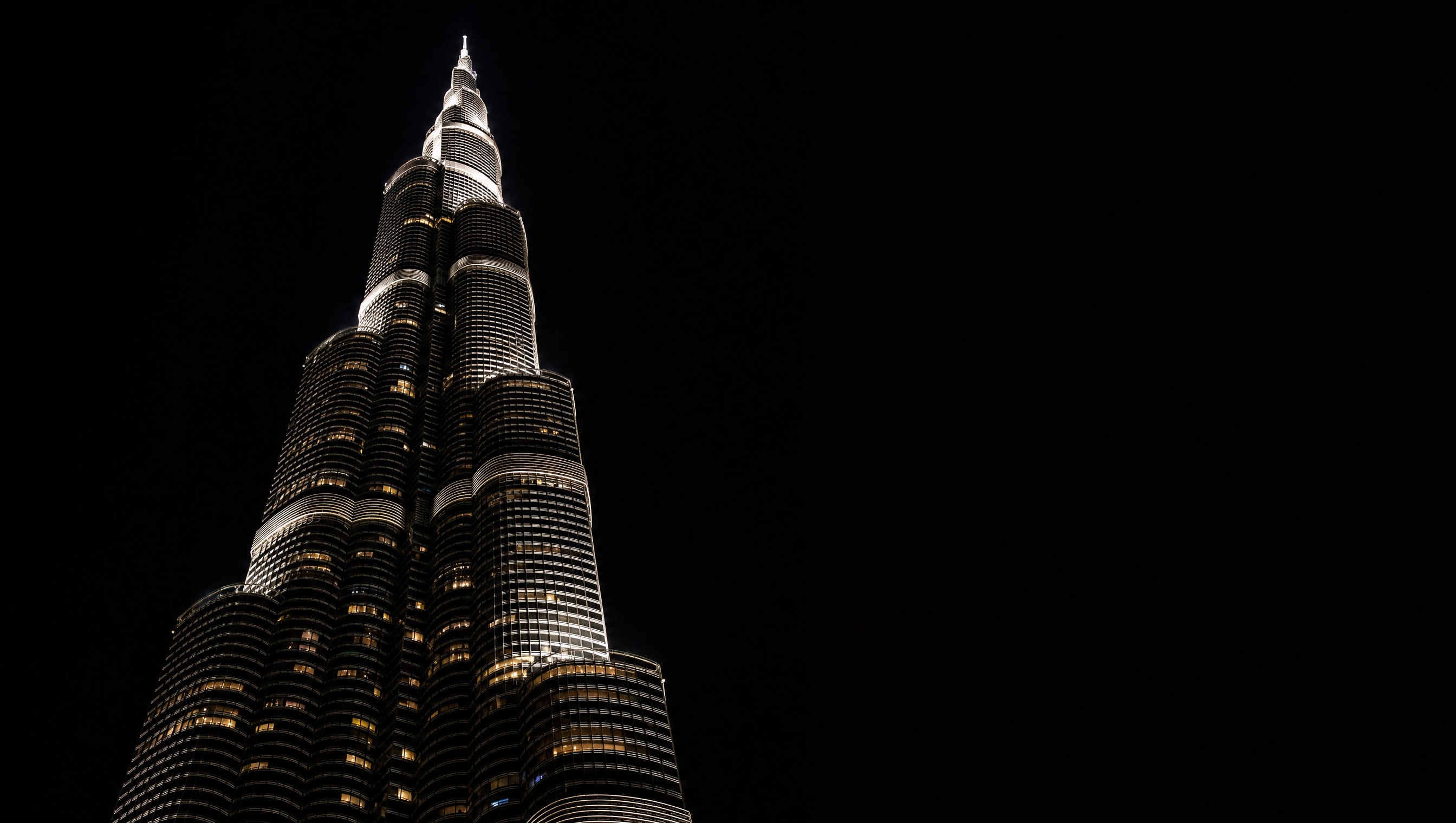 Burj Khalifa at night, seen from the street below
